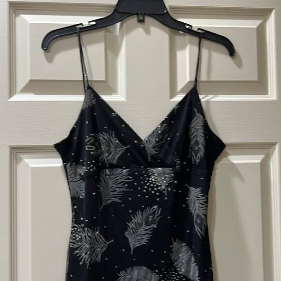 Syrup Women’s L Black w Silver Feather Sequence Spaghetti Strap Slip Dress - Picture 4 of 8